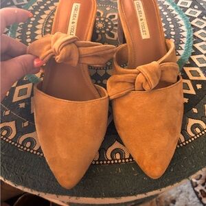Chelsea & Violet Tan Suede Knot Mules